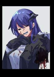 Rule 34 | 1girl, arknights, black border, black coat, black gloves, blood, blood on clothes, blood on face, blue eyes, blue hair, blue tongue, border, coat, colored tongue, commentary, demon horns, fangs, fur-trimmed coat, fur trim, gloves, grey background, hand up, highres, hood, hooded coat, horns, injury, long hair, long sleeves, looking at viewer, lower teeth only, missing limb, mostima (arknights), na tarapisu153, open clothes, open coat, shirt, simple background, solo, teeth, upper body, white shirt