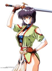Rule 34 | 1990s (style), 1994, 1girl, arm up, black hair, brown gloves, clothing cutout, company name, copyright notice, cowboy shot, fingerless gloves, gloves, hand on own hip, highres, holding, holding sword, holding weapon, looking at viewer, megami paradise, nail polish, nec corporation, nec home electronics, official art, over shoulder, pink nails, retro artstyle, rouge (megami paradise), short sleeves, shoulder cutout, simple background, smile, solo, standing, sword, sword over shoulder, weapon, weapon over shoulder, white background, yoshizane akihiro