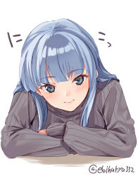 Rule 34 | 1girl, alternate costume, artist name, blue eyes, blue hair, blush, crossed arms, ebifurya, grey sweater, hatsukaze (kancolle), highres, kantai collection, light smile, long hair, long sleeves, looking at viewer, ribbed sweater, simple background, solo, sweater, twitter username, upper body, white background