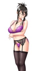 Rule 34 | 1girl, black hair, blue eyes, bra, breasts, cleavage, closed mouth, crossed arms, folded ponytail, game cg, garter belt, garter straps, glasses, hyoui kanojo: tsukikano, kashiwazaki haruka, large breasts, legs, legs together, lingerie, looking at viewer, mole, mole under mouth, nana g, navel, original, panties, ponytail, purple bra, purple panties, solo, thighhighs, thighs, transparent background, underwear