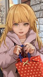Rule 34 | 1girl, bag, birthday, blonde hair, blunt bangs, bow, brown jacket, commentary, earrings, eyelashes, gift, gift bag, highres, holding, holding bag, holding gift, hood, hood down, jacket, jewelry, long hair, looking at viewer, loose hair strand, messy hair, open mouth, original, outdoors, own hands together, russian commentary, servachok, shirt, smile, solo, stone wall, teeth, upper body, upper teeth only, w arms, wall, window, yellow bow, yellow eyes, yellow shirt, zhenya (servachok)