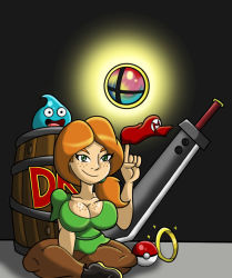 Rule 34 | 1girl, alex (minecraft), barrel, breasts, brown hair, cleavage, creatures (company), donkey kong (series), donkey kong country, dragon quest, final fantasy, final fantasy vii, full body, game freak, gold ring, green eyes, grin, hat, looking at viewer, mario (series), nintendo, poke ball, pokemon, ponytail, sega, sitting, slime (dragon quest), smash ball, smile, sonic (series), square enix, super mario bros. 1, super smash bros., sword, weapon