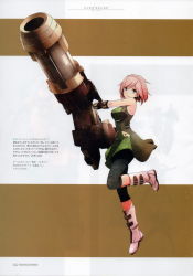 Rule 34 | 10s, 1girl, absurdres, bare shoulders, blue eyes, boots, braid, breasts, capri pants, crown braid, daiba canon, dress, elbow gloves, full body, gloves, god eater, god eater burst, highres, holding, holding weapon, huge weapon, leg up, looking at viewer, medium breasts, non-web source, official art, pants, pink hair, scan, short dress, short hair, simple background, sleeveless, smile, solo, weapon
