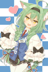 Rule 34 | 1girl, :3, :d, absurdres, ahoge, akashi (azur lane), akashi (welcome to sofmap!) (azur lane), animal ears, azur lane, bow, braid, cat ears, commentary request, frilled sleeves, frills, green hair, hair bow, hair ribbon, heart, highres, id card, long hair, long sleeves, looking at viewer, low twintails, mole, mole under eye, necktie, open mouth, pantyhose, pleated skirt, ribbon, saekiya sabou, skirt, sleeves past wrists, slit pupils, smile, sofmap, sofmap background, solo, standing, standing on one leg, step and repeat, twin braids, twintails, twitter username, vest, white pantyhose, wide sleeves, yellow eyes