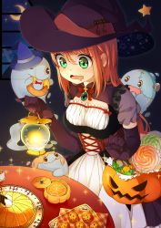 Rule 34 | 1girl, :q, absurdres, bag, basket, breasts, bucket, cake, candy, cleavage, cookie, crescent moon, doughnut, dress, drooling, elbow gloves, food, ghost, gloves, green eyes, halloween, halloween costume, hat, highres, indoors, jack-o&#039;-lantern, lamp, lantern, light, lollipop, long hair, mii (nano0o0), monster, moon, night, night sky, orange hair, original, plate, saliva, sky, solo, standing, star (sky), starry sky, table, tongue, tongue out, window, witch hat