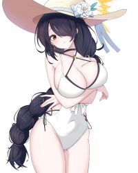 Rule 34 | 1girl, \||/, absurdres, arms under breasts, bikini, black bikini, black choker, black hair, blue archive, blush, breasts, casual one-piece swimsuit, choker, cleavage, collarbone, covered navel, cowboy shot, cross, cross earrings, crossed arms, earrings, flower, hair over one eye, halo, hasarang, hat, hat flower, highres, hinata (blue archive), hinata (swimsuit) (blue archive), jewelry, large breasts, long hair, multi-tied hair, official alternate costume, one-piece swimsuit, red eyes, side-tie bikini bottom, solo, straw hat, swimsuit, very long hair, white one-piece swimsuit, yellow halo