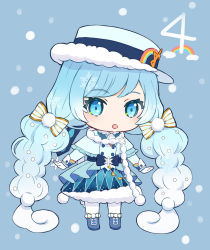 Rule 34 | 1girl, :o, arms at sides, azaka (pipponao), blue background, blue capelet, blue dress, blue eyes, blue footwear, blue hair, blue hat, blue ribbon, boots, bow, capelet, curly hair, dress, full body, fur-trimmed dress, fur trim, gloves, hair bow, hair ornament, hat, hat ornament, hat ribbon, hatsune miku, long hair, long sleeves, multi-tied hair, multicolored hair, pantyhose, pom pom (clothes), pom pom hair ornament, rainbow, ribbon, sash, scarf, simple background, snowflake ornament, snowflake print, snowing, standing, star (symbol), star in eye, starry sky print, sun symbol, symbol in eye, twintails, two-tone hair, very long hair, vocaloid, white bow, white gloves, white pantyhose, white scarf, yuki miku, yuki miku (2023) (candidate no.4)