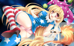 Rule 34 | 1girl, american flag dress, american flag legwear, ass, blonde hair, blush, breasts, clownpiece, dress, earth (planet), fairy, fairy wings, female focus, from behind, hat, high heels, highres, impossible clothes, impossible shirt, jester cap, kamiya tomoe, large breasts, legacy of lunatic kingdom, long hair, looking at viewer, looking back, open mouth, panties, pantyshot, pink eyes, pink panties, planet, polka dot, red eyes, shirt, shoes, smile, solo, space, standing, star (symbol), striped clothes, striped thighhighs, thighhighs, torch, touhou, underwear, upskirt, very long hair, wings