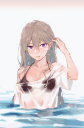 Rule 34 | 1girl, 8c, bad id, bad pixiv id, blush, breasts, brown hair, cleavage, collarbone, highres, large breasts, long hair, looking at viewer, original, parted lips, partially submerged, purple eyes, shirt, solo, upper body, wet, wet clothes, wet shirt