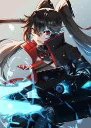 Rule 34 | 1girl, absurdres, black hair, black jacket, headgear, highres, holding, holding sword, holding weapon, jacket, katana, kongbai huanxiang, long hair, lucia: plume (punishing: gray raven), lucia (punishing: gray raven), multicolored hair, necktie, open mouth, punishing: gray raven, red eyes, red hair, red necktie, sidelocks, sword, twintails, weapon