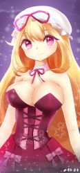 Rule 34 | 1girl, alternate costume, bare arms, blonde hair, blush, breasts, bustier, cleavage, colored eyelashes, corset, crescent moon, detached collar, dress, female focus, hat, hat ribbon, large breasts, long hair, looking at viewer, mob cap, moon, night, night sky, purple background, purple dress, purple eyes, ribbon, signature, sky, smile, solo, sparkle, sparkling eyes, star (symbol), strapless, strapless dress, touhou, very long hair, yakumo yukari, yeonlee
