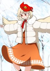 Rule 34 | 1girl, absurdres, animal, animal on head, arms up, bird, blonde hair, blue sky, blush, boots, bow, bowtie, branch, brown footwear, chick, closed mouth, colored skin, commentary request, dress, fur-trimmed hood, fur trim, hair between eyes, hands up, highres, hood, hooded jacket, jacket, kaisenpurin, long sleeves, looking down, multicolored hair, niwatari kutaka, on head, open clothes, open jacket, orange dress, orange jacket, outdoors, puffy long sleeves, puffy sleeves, red bow, red bowtie, red eyes, red hair, short hair, sky, smile, snow, solo, standing, tail, touhou, tree, two-tone hair, vest, white jacket, white vest, wings, winter, yellow skin, zipper