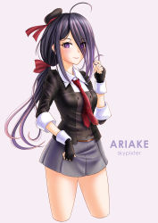 Rule 34 | 1girl, absurdres, ariake (kancolle), artist name, beige background, beret, black gloves, black hair, black hat, black jacket, blazer, character name, collared shirt, commentary request, contrapposto, cowboy shot, cropped legs, fingerless gloves, gloves, grey skirt, hair over one eye, hat, highres, jacket, kantai collection, long hair, looking at viewer, necktie, pleated skirt, purple eyes, red necktie, shirt, simple background, skirt, skypixter, solo, standing, white shirt