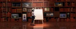 Rule 34 | 1girl, black hair, book, canvas (object), framed, highres, ladder, library, original, painting (action), pantyhose, picture frame, rur (ml ruru), skirt, solo