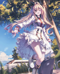 Rule 34 | 1girl, :d, blonde hair, blue sky, blurry, blurry foreground, blush, boots, breasts, brown eyes, cloud, collared dress, day, depth of field, dress, fang, grass, highres, huanxiang huifeng, long hair, long sleeves, medium breasts, necktie, one eye closed, open mouth, original, outdoors, red necktie, rolling suitcase, sash, scenery, sky, smile, solo, standing, standing on one leg, suitcase, train, tree, white dress, white footwear, wing collar