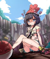 Rule 34 | 1girl, :o, ?, ^ ^, bag, beanie, black hair, blue eyes, bob cut, bruise, bruise on face, burnt, burnt clothes, closed eyes, cloud, confused, crater, creatures (company), day, game freak, gen 1 pokemon, gen 7 pokemon, happy, hat, highres, injury, knees together feet apart, midriff, mimikyu, nintendo, open mouth, pokemon, pokemon (creature), pokemon sm, selene (pokemon), shipii (jigglypuff), shirt, shoes, short hair, short shorts, shorts, shoulder bag, sitting, smile, smoke, sneakers, sweatdrop, torn clothes, torn shirt, voltorb