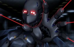Rule 34 | 1girl, android, commentary, cyberpunk, english commentary, extra eyes, faceless, glowing, glowing eyes, highres, joints, laser, original, reaching, reaching towards viewer, red eyes, robot, robot joints, sign, solo, user gxzc5285, warning sign