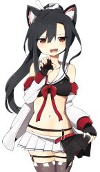 Rule 34 | 1girl, :d, animal ear fluff, animal ears, azur lane, bare shoulders, black hair, black shirt, collarbone, commentary, cowboy shot, crop top, fang, fingerless gloves, gloves, grey thighhighs, hair between eyes, hair ribbon, highres, jacket, long hair, looking at viewer, midriff, miniskirt, nail polish, navel, off shoulder, open clothes, open jacket, open mouth, pleated skirt, ponytail, red eyes, red nails, red ribbon, retrofit (azur lane), ribbon, sailor collar, shigure (azur lane), shirt, simple background, skindentation, skirt, sleeveless, sleeveless shirt, smile, solo, standing, stomach, thighhighs, tonari (ichinichime azuma), white background, white jacket, white skirt, wolf ears, zettai ryouiki