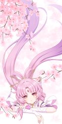 Rule 34 | 1girl, absurdres, bridal gauntlets, cherry blossoms, commentary, cropped torso, floating hair, forehead jewel, fu xuan (honkai: star rail), hair ornament, hairpin, head tilt, highres, honkai: star rail, honkai (series), long hair, low twintails, parted lips, pink hair, signature, solo, twintails, very long hair, yellow eyes, zhi jiu