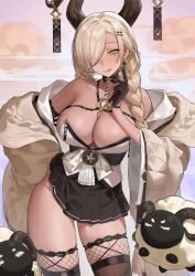 Rule 34 | 1girl, :q, asymmetrical bangs, azur lane, bare shoulders, black choker, black skirt, black thighhighs, blonde hair, braid, breasts, cardigan, choker, cleavage, collarbone, dangle earrings, dark-skinned female, dark skin, earrings, fishnet gloves, fishnet thighhighs, fishnets, gloves, hair ornament, hair over one eye, hairclip, hand on own hip, hand up, highres, horn ornament, horns, japanese clothes, jewelry, kimono, large breasts, large horns, long bangs, long hair, looking at viewer, low twin braids, mole, mole under mouth, necklace, obi, off shoulder, one eye covered, owari (azur lane), pleated skirt, red cucumber, ribbed cardigan, sash, sheep, skirt, smile, solo, strapless kimono, thighhighs, thighs, tongue, tongue out, twin braids, very long hair, white cardigan, white kimono, wide sleeves, yellow eyes