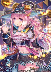 Rule 34 | 1girl, :3, animal ear fluff, animal ears, basket, black hat, black skirt, breasts, candy, cat ears, claw pose, cleavage, collarbone, cowboy shot, crop top, cropped jacket, food, frilled shirt, frills, gold trim, hakuda tofu, halloween, hat, highres, holding, jack-o&#039;-lantern, large breasts, lollipop, long hair, long sleeves, looking at viewer, midriff, miniskirt, nail polish, navel, official art, pink hair, pumpkin, purple eyes, shinkai no valkyrie, shirt, skindentation, skirt, smile, solo, stomach, swirl lollipop, thigh strap, watermark, wide sleeves, witch hat