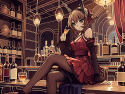 Rule 34 | 1girl, alternate costume, alternate eye color, bar (place), black pantyhose, black sleeves, bottle, breasts, brown hair, cup, detached sleeves, dress, drinking glass, flipped hair, grey eyes, guouuu, headgear, holding, holding cup, kantai collection, long sleeves, medium breasts, mutsu (kancolle), pantyhose, red dress, short hair, sitting, smile, solo