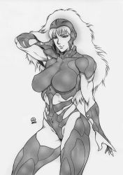 Rule 34 | 1girl, 2000, android, armor, breasts, dairoku tenma, greyscale, headgear, hi no tori, hi no tori 2772, highres, large breasts, long hair, monochrome, muscular, muscular female, naughty face, olga (phoenix 2772), playing with hair, realistic, science fiction, seductive smile, signature, smile, toned