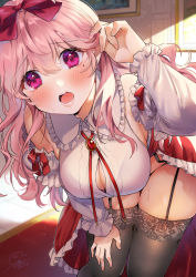 Rule 34 | 1girl, bare shoulders, black thighhighs, blurry, blurry background, blush, bow, breasts, cleavage, commentary request, detached sleeves, frilled shirt collar, frills, garter straps, gem, geshumaro, hair between eyes, hair bow, highres, indoors, large breasts, long hair, long sleeves, looking at viewer, lower teeth only, mole, mole under eye, open mouth, original, pink eyes, pink hair, red bow, red ribbon, ribbon, shirt, signature, sleeveless, sleeveless shirt, solo, teeth, thighhighs, upper teeth only, white shirt