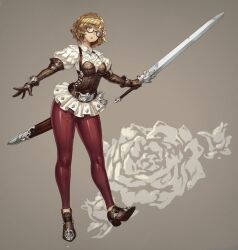 Rule 34 | 1girl, belt, blonde hair, brown eyes, brown gloves, bustier, commentary, corset, elbow gloves, english commentary, glasses, gloves, highres, holding, holding sword, holding weapon, looking at viewer, nrcgray, original, pants, puffy sleeves, scabbard, semi-rimless eyewear, sheath, short hair, solo, sword, under-rim eyewear, unsheathed, weapon