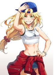 Rule 34 | 1girl, :d, alternate costume, alternate hairstyle, arm up, armpits, backwards hat, baseball cap, blonde hair, blue hat, blue skirt, blush, bracelet, breasts, casual, clothes around waist, collarbone, commentary request, cowboy shot, crop top, denim, denim skirt, fate/grand order, fate (series), green eyes, grin, hand on headwear, hand on own hip, hat, highres, jacket, jacket around waist, jewelry, long hair, looking at viewer, miniskirt, mordred (fate), mordred (fate/apocrypha), navel, necklace, open mouth, parted bangs, red jacket, simple background, skirt, sleeveless, small breasts, smile, solo, stomach, tank top, teeth, tonee, v-shaped eyebrows, white background