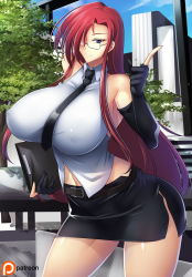 Rule 34 | 1girl, bare shoulders, belt, blue eyes, breasts, covered erect nipples, elbow gloves, glasses, gloves, haganef, highres, huge breasts, long hair, looking at viewer, midriff, navel, necktie, original, parted lips, raika ryusaki, red hair, skirt, sleeveless, smile, solo