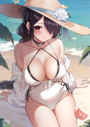 Rule 34 | 1girl, absurdres, beach, black hair, blue archive, blush, braid, breasts, flower, guri (gri1211), hair over one eye, halo, hat, hat flower, highres, hinata (blue archive), hinata (swimsuit) (blue archive), large breasts, long hair, looking at viewer, lotion, official alternate costume, one-piece swimsuit, red eyes, sitting, solo, sun hat, sunscreen, swimsuit, wet, white one-piece swimsuit