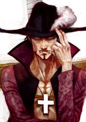 Rule 34 | 1boy, animal eyes, beard, black hair, dracule mihawk, facial hair, frown, goatee, hat, hat tip, jacket, jewelry, lack, male focus, manly, muscular, mustache, necklace, one piece, open clothes, open jacket, pirate, ringed eyes, serious, simple background, solo, sword, weapon, white background, yellow eyes, yoru (one piece), yoru (sword)
