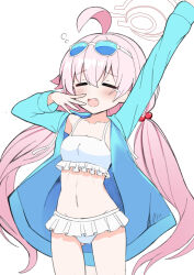 Rule 34 | 1girl, bikini, blue archive, blue jacket, collarbone, efu (ehutan), eyewear on head, frilled bikini, frills, hair between eyes, hair bobbles, hair ornament, halo, highres, hood, hooded jacket, hoshino (blue archive), hoshino (swimsuit) (blue archive), jacket, long hair, long sleeves, looking at viewer, low twintails, mixed-language commentary, navel, official alternate costume, official alternate hairstyle, open clothes, open jacket, pink hair, sidelocks, simple background, sketch, sleepy, sleeveless, solo, stomach, stretching, sunglasses, swimsuit, tearing up, twintails, white background, white bikini, yawning