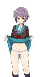 Rule 34 | 1girl, absurdres, black socks, brown eyes, cleft of venus, closed mouth, clothes lift, crotch cutout, expressionless, feet out of frame, gluteal fold, groin, hands up, highres, kita high school uniform, kneehighs, lifting own clothes, looking at viewer, nagato yuki, navel, panties, purple hair, pussy, pussy cutout, pussy peek, sailor collar, scapula (artist), school uniform, short hair, simple background, skirt, skirt hold, skirt lift, socks, solo, suzumiya haruhi no yuuutsu, thighs, underwear, white background, white panties, yellow eyes