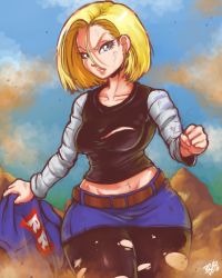 Rule 34 | 1girl, android 18, bad id, bad pixiv id, belt, black pantyhose, blonde hair, blue eyes, blue skirt, breasts, clenched hand, denim, denim skirt, dirty, dirty face, dragon ball, dragonball z, earrings, groin, hair between eyes, highres, jacket, unworn jacket, jewelry, lips, looking at viewer, medium breasts, midriff, miniskirt, pantyhose, randomboobguy, red ribbon army, serious, short hair, skirt, solo, thick thighs, thighs, torn clothes, torn pantyhose, undressing, wide hips, you gonna get raped
