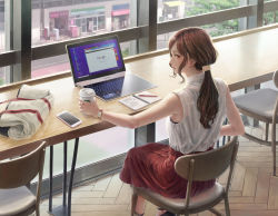 Rule 34 | 1girl, brown eyes, brown hair, cellphone, coffee cup, computer, cup, disposable cup, google, google chrome, highres, laptop, long hair, looking back, mole, namako mikan, notebook, original, pen, phone, profile, restaurant, smartphone, solo, table, window, wooden floor, wooden table