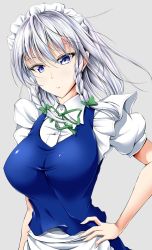 Rule 34 | 1girl, alternate breast size, apron, blue eyes, blue skirt, blue vest, bow, braid, breasts, campbell gichou, closed mouth, expressionless, green bow, green ribbon, grey background, hair bow, hand on own hip, highres, izayoi sakuya, large breasts, looking at viewer, maid, maid headdress, neck ribbon, puffy short sleeves, puffy sleeves, ribbon, short sleeves, sidelocks, silver hair, skirt, skirt set, solo, taut clothes, touhou, twin braids, upper body, waist apron