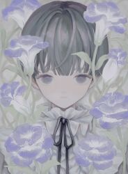 Rule 34 | 1girl, amamanoban, black hair, blunt bangs, closed mouth, commentary request, expressionless, flower, grey eyes, highres, looking at viewer, neck ribbon, original, purple flower, ribbon, shirt, solo, straight-on, too many flowers, upper body, white shirt