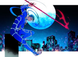 Rule 34 | 1boy, abs, armor, beads, blue hair, bodysuit, charatei, city lights, cityscape, closed mouth, cu chulainn (fate), earrings, fang, fate/stay night, fate (series), from side, full body, full moon, gae bolg (fate), grin, hair beads, hair ornament, highres, holding, holding polearm, holding weapon, jewelry, jumping, cu chulainn (fate/stay night), long hair, male focus, moon, muscular, night, night sky, outdoors, pauldrons, polearm, ponytail, red eyes, shoulder armor, skin tight, sky, smile, solo, spiked hair, type-moon, weapon