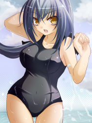 Rule 34 | bad id, bad pixiv id, black one-piece swimsuit, blue hair, breasts, brown eyes, curvy, fang, jontake, large breasts, long hair, one-piece swimsuit, original, ponytail, school swimsuit, solo, swimsuit, wet, wide hips