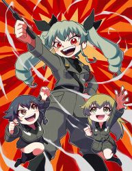 Rule 34 | 3girls, :d, absurdres, anchovy (girls und panzer), anzio military uniform, arm up, belt, black footwear, black hair, black necktie, black ribbon, black shirt, blonde hair, blush, boots, braid, brown eyes, carpaccio (girls und panzer), chibi, commentary, dress shirt, drill hair, girls und panzer, green eyes, green hair, grey jacket, grey pants, grey skirt, hair ribbon, hand on own hip, highres, holding, jacket, jumping, knee boots, knife, leg up, long hair, long sleeves, looking at another, looking at viewer, military, military uniform, miniskirt, multiple girls, nakachiruno, necktie, open mouth, pants, pepperoni (girls und panzer), raised fist, red eyes, ribbon, riding crop, sam browne belt, shirt, short hair, side braid, skirt, smile, smug, standing, teeth, textless version, texture, twin drills, twintails, uniform, v-shaped eyebrows, wing collar