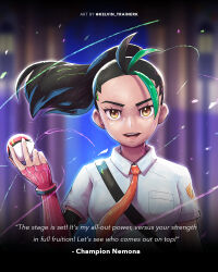 Rule 34 | 1girl, :d, black hair, breast pocket, brown eyes, character name, collared shirt, commentary, creatures (company), english commentary, english text, eyelashes, fingerless gloves, game freak, gloves, green hair, hand up, highres, holding, holding poke ball, kelvin-trainerk, looking at viewer, necktie, nemona (pokemon), nintendo, open mouth, orange necktie, pocket, poke ball, poke ball (basic), pokemon, pokemon sv, ponytail, shirt, short sleeves, smile, solo, strap, teeth, tongue, twitter username, upper teeth only