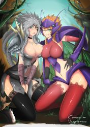 Rule 34 | 2girls, armor, black legwear, blue eyes, breast press, breasts, brown hair, cleavage, green eyes, heterochromia, highres, kha&#039;zix, kneeling, lace, lace-trimmed legwear, lace trim, large breasts, league of legends, multiple girls, one eye closed, open mouth, outdoors, red legwear, rengar, silver hair, tagme, thighhighs, tongue, tongue out, torahimemax, wink, yellow eyes