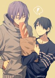 Rule 34 | !, 2boys, bag, baguette, black eyes, black hair, blue shirt, blush, bread, collarbone, commentary request, eating, food, grey jacket, grocery bag, hair between eyes, hair over one eye, hand in pocket, height difference, himuro tatsuya, holding, holding bag, hood, hooded jacket, jacket, kuroko no basuke, long sleeves, looking at another, looking up, male focus, mashima shima, mole, mole under eye, multiple boys, murasakibara atsushi, paper bag, parted lips, purple eyes, purple hair, shirt, shopping bag, short hair, simple background, speech bubble, spoken exclamation mark, standing, twitter username, upper body, yellow background
