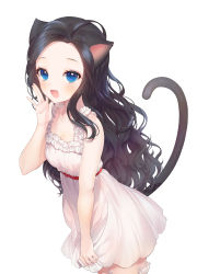 Rule 34 | 1girl, :d, a20 (atsumaru), animal ears, bare arms, bare shoulders, black hair, blue eyes, blush, cat ears, cat girl, cat tail, collarbone, commission, dress, forehead, frilled dress, frills, hand up, highres, long hair, looking at viewer, open mouth, original, parted bangs, sidelocks, simple background, sleeveless, sleeveless dress, smile, solo, tail, tail raised, very long hair, wavy hair, white background, white dress