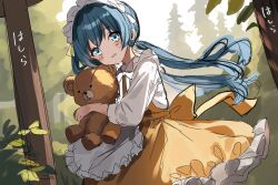 Rule 34 | 1girl, apron, back bow, blue eyes, blue hair, blush stickers, bow, commentary, cowboy shot, day, dosukoi humitarou, dot nose, dress, dutch angle, floating hair, forest, frilled apron, frills, from side, highres, holding, holding stuffed toy, hugging object, idoly pride, long hair, long sleeves, looking at viewer, low twintails, nature, neck ribbon, okuyama sumire, outdoors, parted lips, ribbon, shirt, sketch, solo, stuffed animal, stuffed toy, teddy bear, tree, twintails, very long hair, white apron, white headdress, white ribbon, white shirt, yellow bow, yellow dress