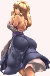 Rule 34 | 1girl, arc the lad, ass, back, backboob, bare back, bare shoulders, blonde hair, blunt bangs, blush, body blush, breasts, brown eyes, dark-skinned female, dark skin, detached sleeves, dress, female focus, from behind, hair tie, highres, huge ass, huge breasts, impossible clothes, kneepits, legs, lieza (arc the lad), long hair, long image, looking at viewer, looking back, open mouth, shiny skin, sideboob, simple background, solo, standing, tall image, tokyo (great akuta), white background