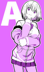 Rule 34 | 1girl, arm under breasts, bow, bowtie, breast hold, breasts, closed mouth, collared shirt, commentary request, cowboy shot, gridman universe, hair between eyes, head tilt, initial, jacket, kamekoya sato, large breasts, long sleeves, looking at viewer, miniskirt, monochrome, off shoulder, outline, pantyhose, pleated skirt, purple background, purple theme, school uniform, shinjou akane, shirt, short hair, simple background, skirt, sleeves past wrists, smile, solo, ssss.gridman, standing, v, white outline