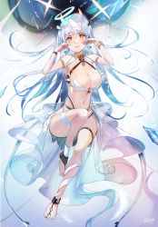 Rule 34 | 1girl, ahoge, aqua hair, armband, armor, armpits, bare shoulders, barefoot, barefoot sandals (jewelry), bikini armor, blue hair, breasts, choker, cleavage, dark blue hair, feet, floating, frown, full body, gold trim, hair between eyes, halo, halterneck, hands up, heart, heart-shaped pupils, highres, horns, jewelry, killy doodle, light blue hair, midriff, multicolored hair, navel, necklace, red: pride of eden, revealing clothes, ringlets, see-through, solo, streaked hair, symbol-shaped pupils, thigh strap, toes, white hair